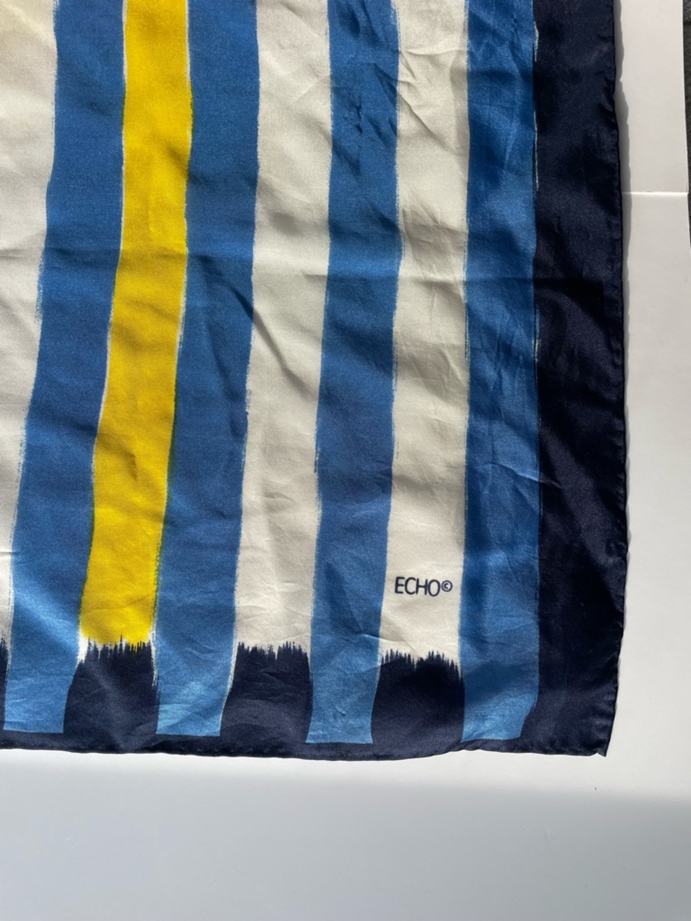 Echo Abstract Stripe Scarf Blue Yellow Silk Blend Square Scarf - Picture 4 of 4